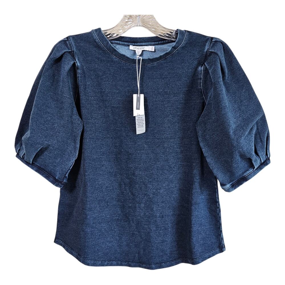 CHICO'S ZENERGY 0 Women's Size S Chambray Denim Top Blue Puff Sleeve Stretch 36"